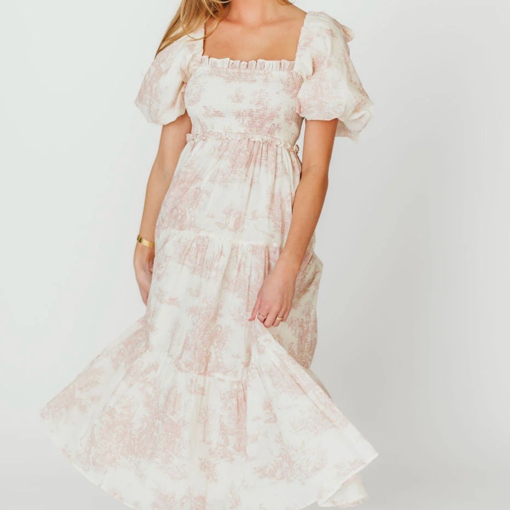 Elena 100% Cotton Toile Print Smocked Midi Dress in Pink